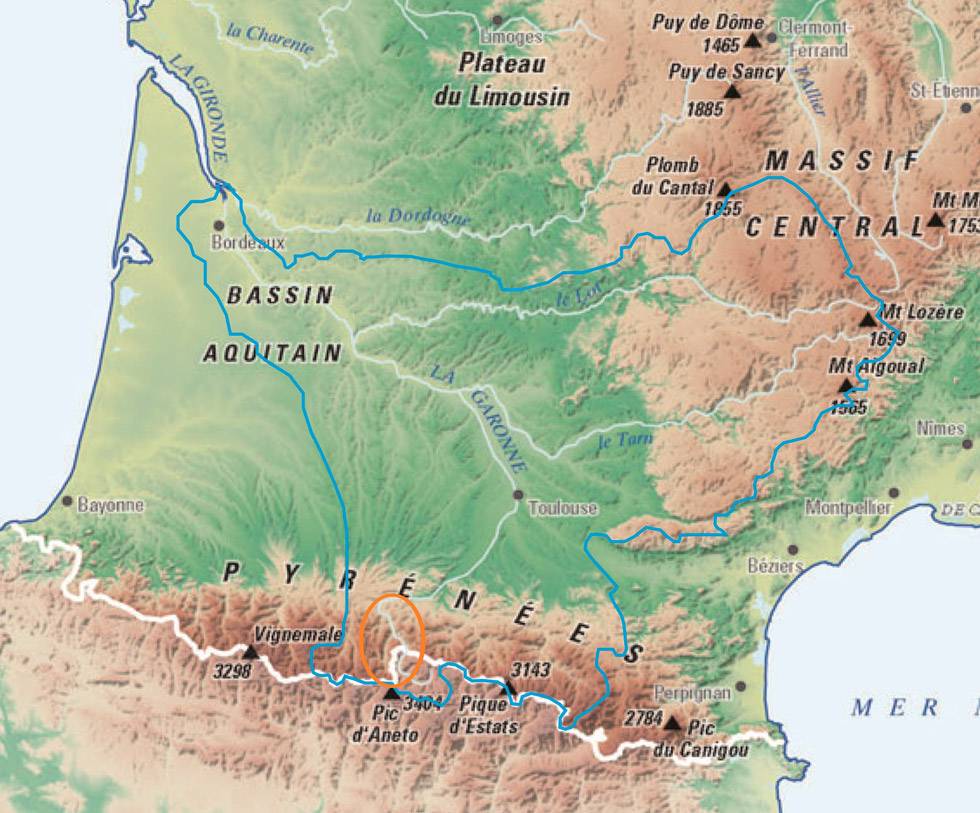 carte du bassin versant de la Garonne des Pyrénées au massif central jusqu'à Bordeaux