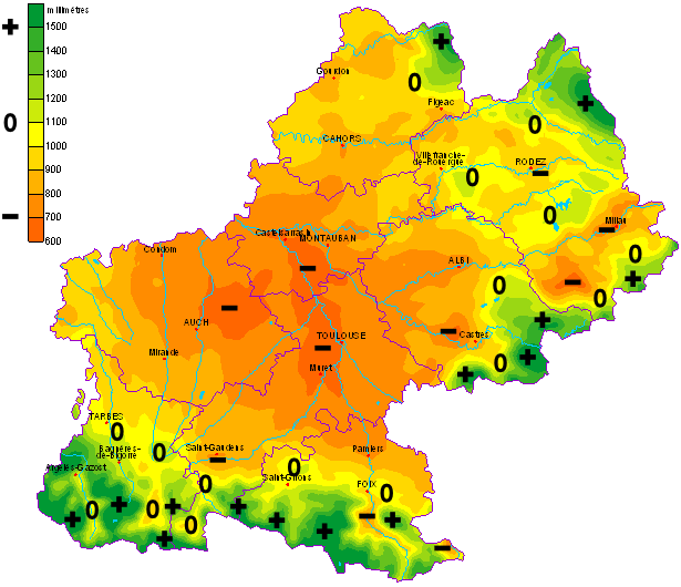 Carte des cumuls de précipitations en Midi-Pyrénées